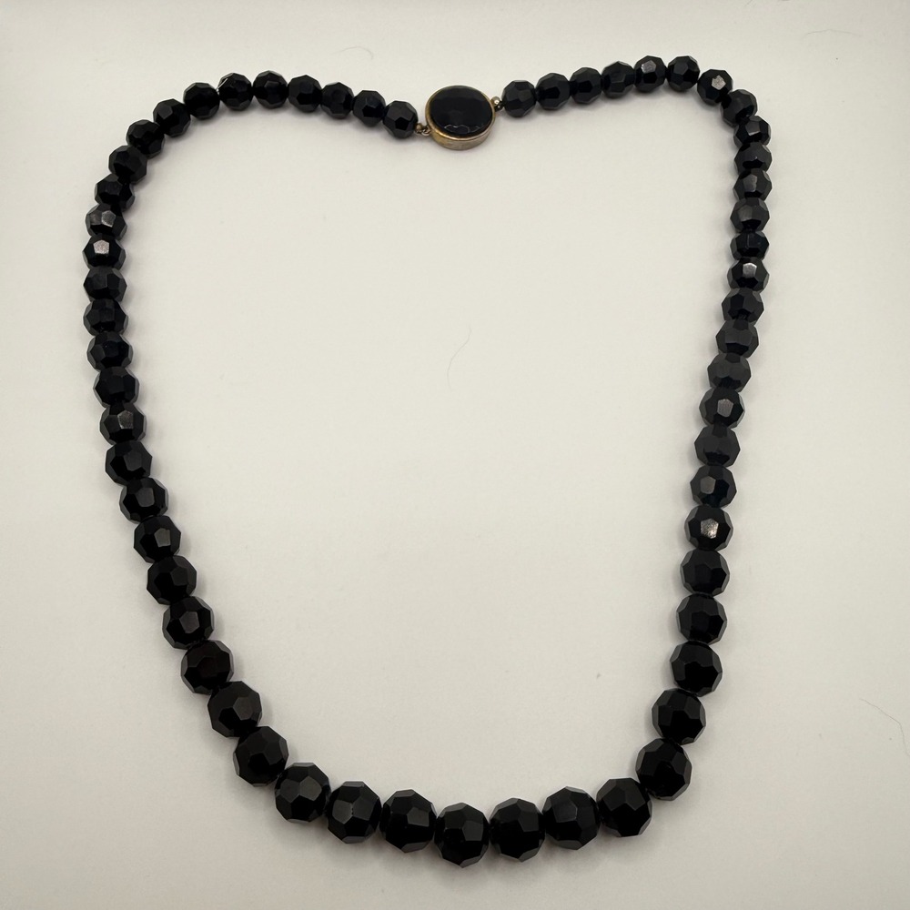 Vintage Faceted Black Glass Bead‎ Necklace 18 Inch Decorative Box Clasp Jewelry